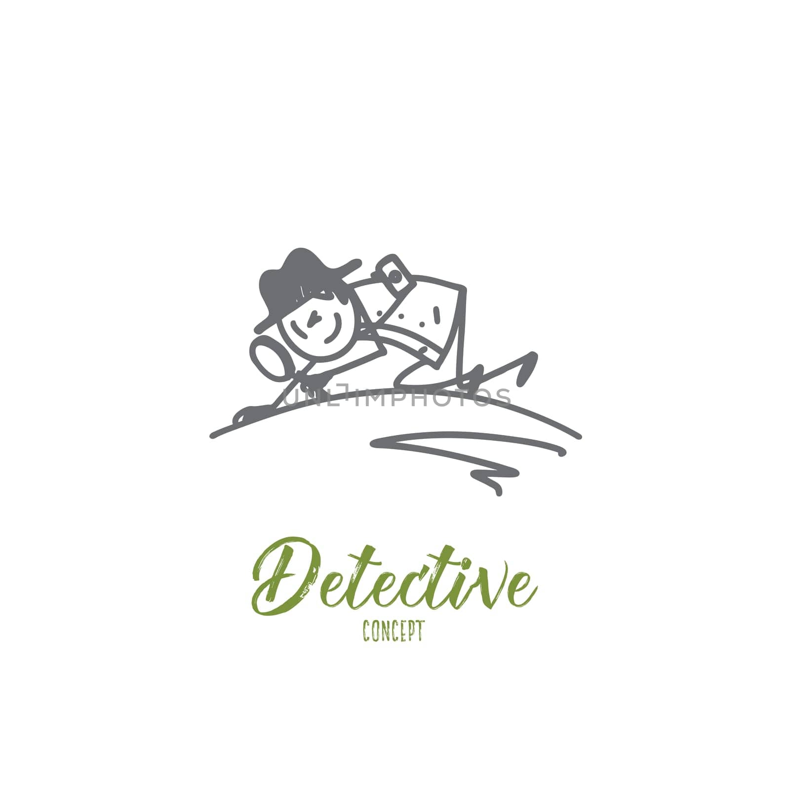 Detective concept. Hand drawn detective with magnifier lens doing criminal investigation. Man with lens looking for evidence isolated vector illustration.