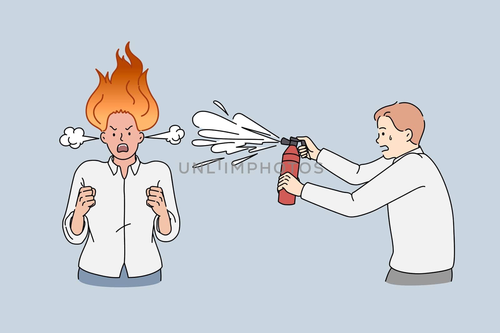 Furious business lady burning and shouting. Vector concept illustration of anger lady with fire on head sprayed by man with fire extinguisher.