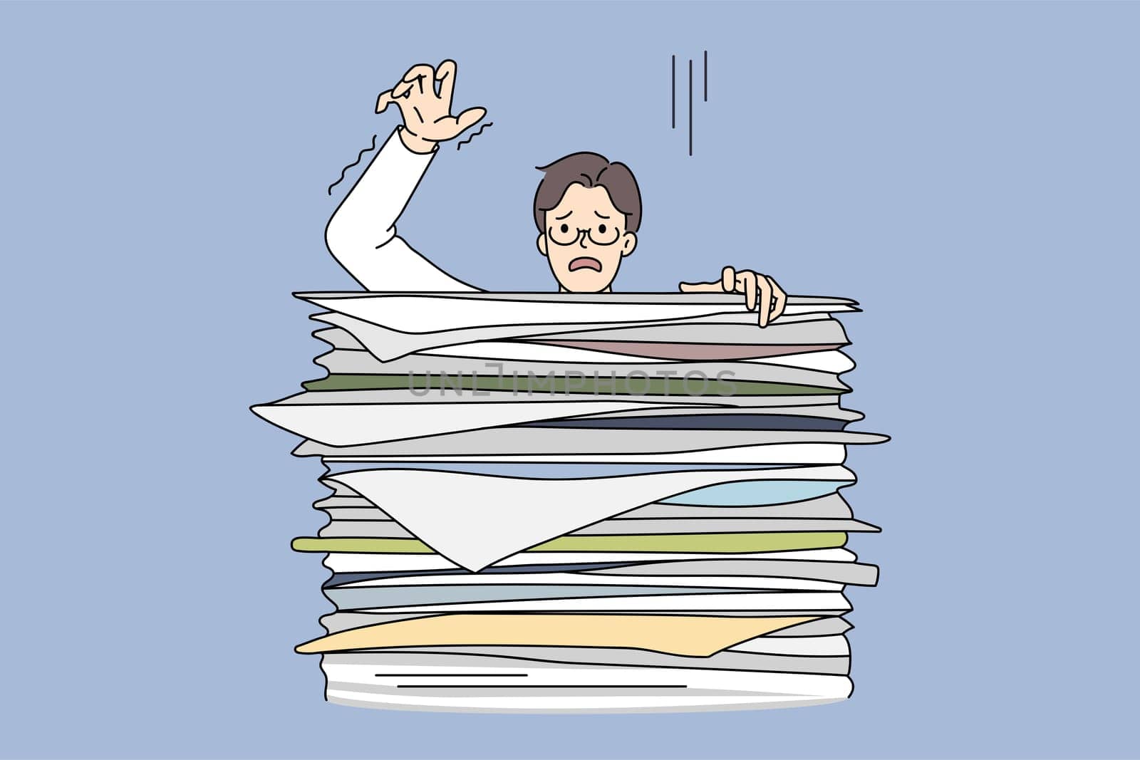Learning boy behind huge stack of exam books. Vector concept illustration of exhausted student preparing for exams and falling of books pile.