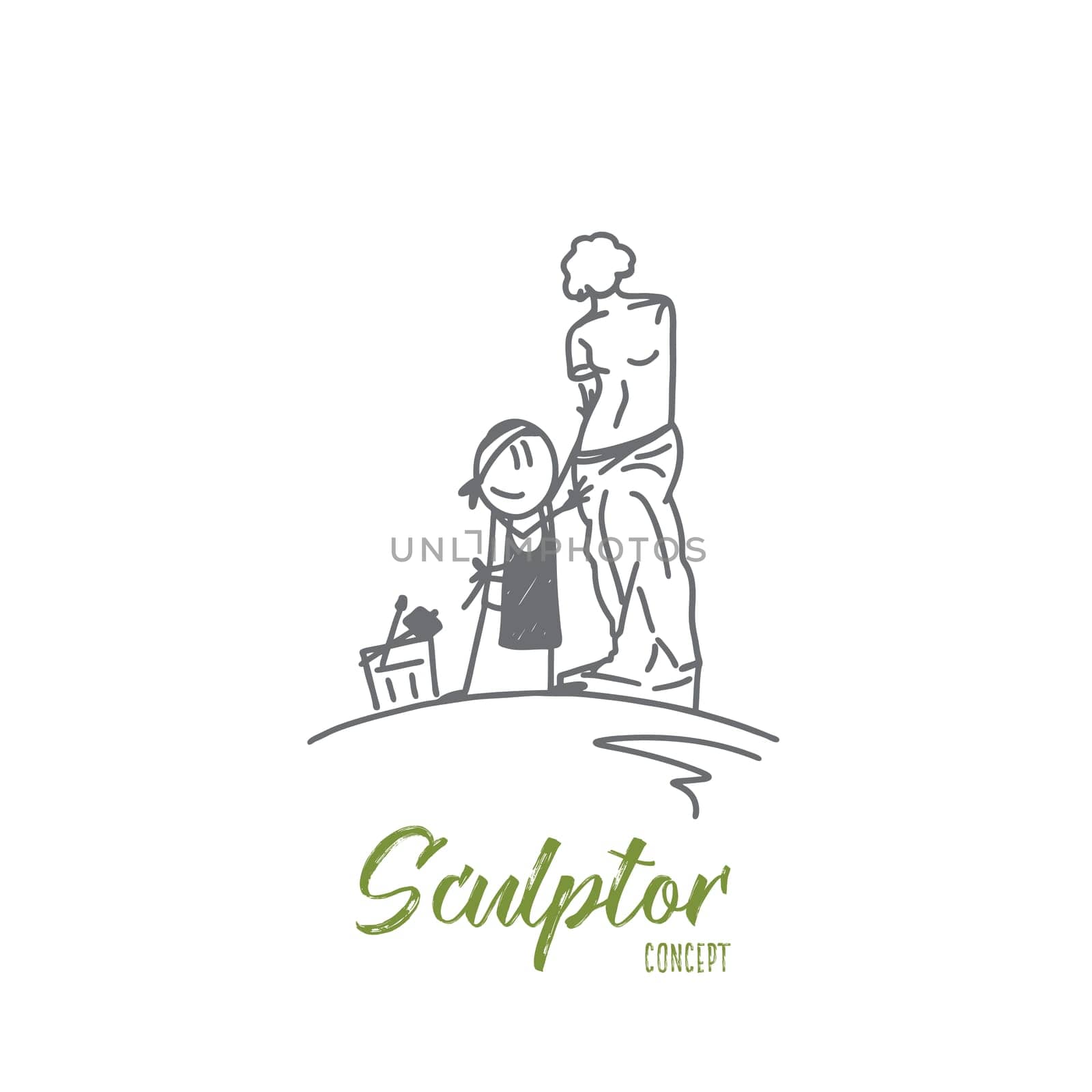 Sculptor concept. Hand drawn sculptor cuts stone sculpture. Smiling person makes art work from stone isolated vector illustration.