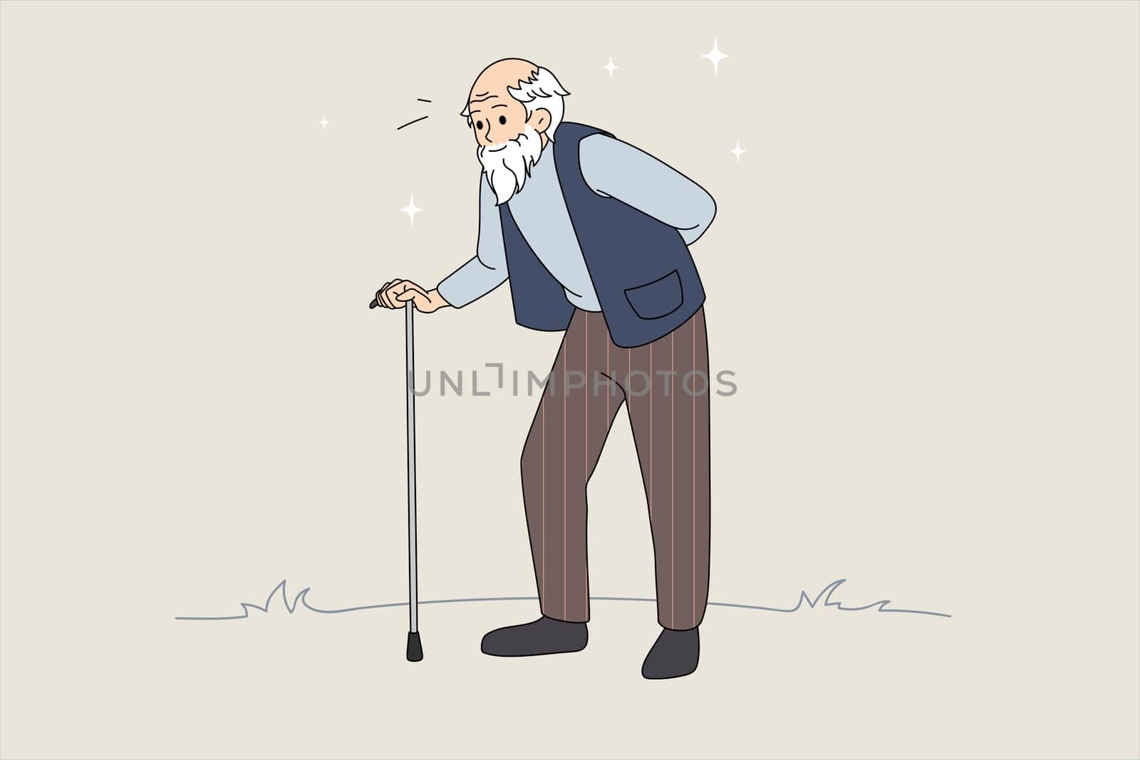 Hand drawn vector illustration of senior man with walking stick. Senior retirement. Walking old man. Vector illustration with abstract background