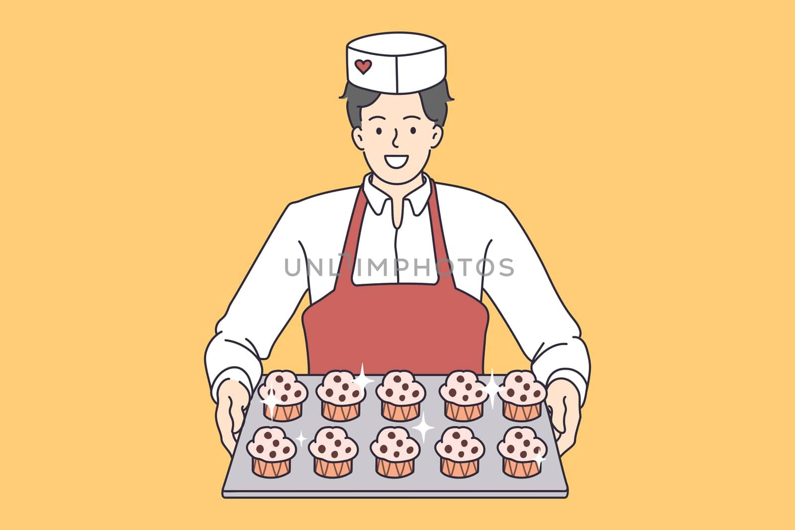 Pastry baking worker with cupcakes tray. Vector concept illustration of desserts baker serving sweet muffins.