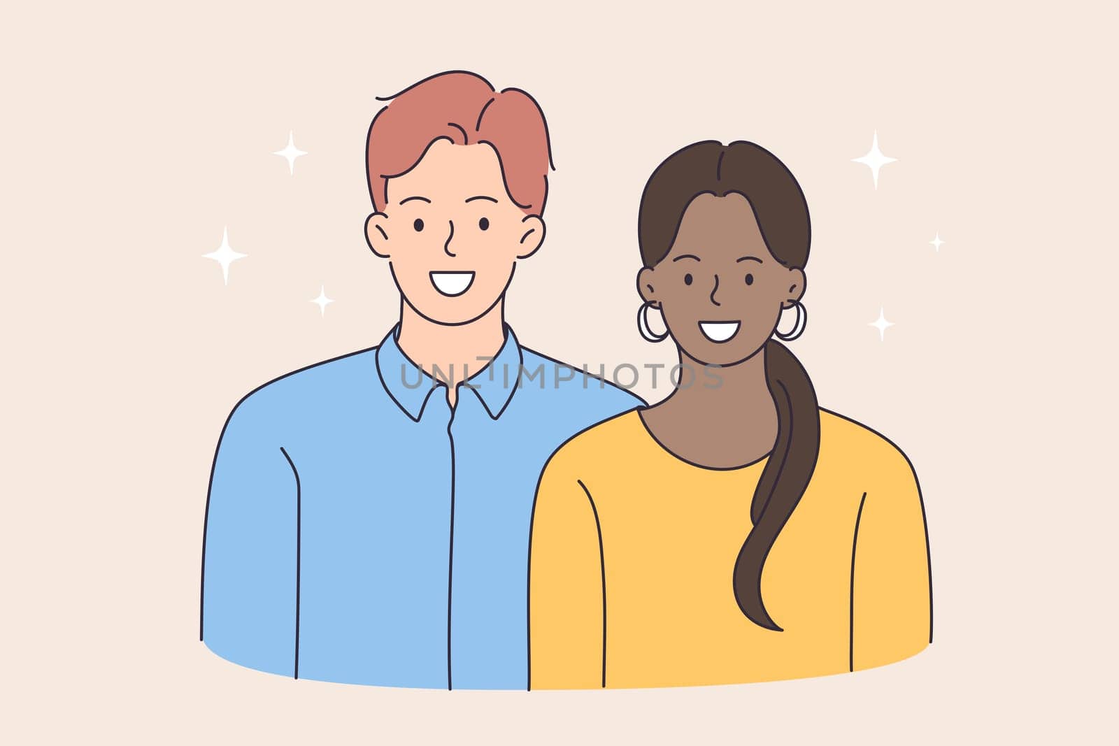 Happy couple of white man and African girl. Vector concept illustration of modern races equality and young family happiness .