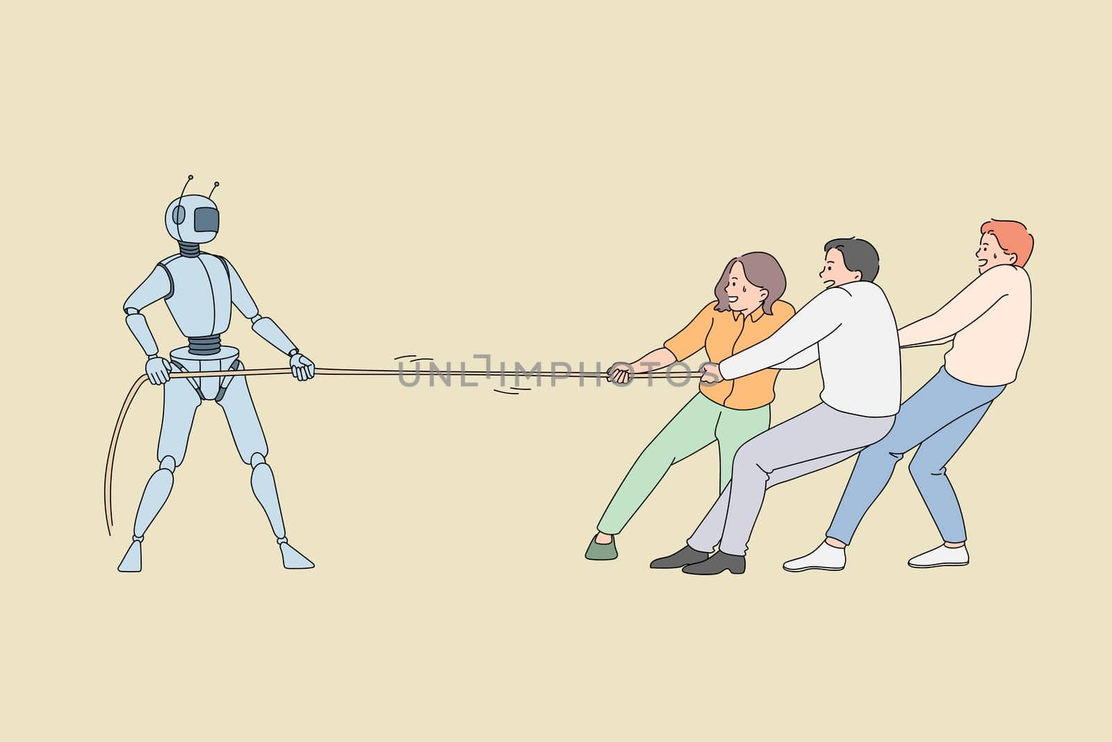 Human workers pulling the rope against robotic worker. Vector concept illustration of fighting between artificial intelligence technology and business people.