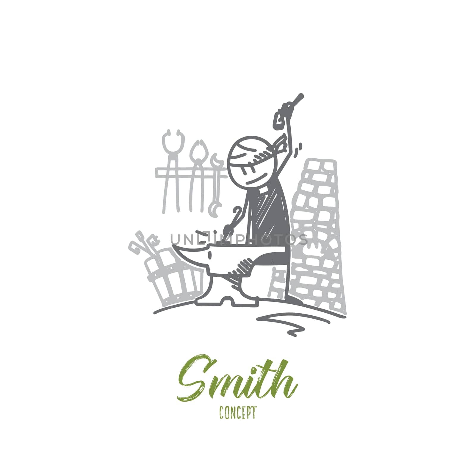 Smith concept. Hand drawn male smith near working machine. Blacksmith with a hammer near anvil isolated vector illustration.