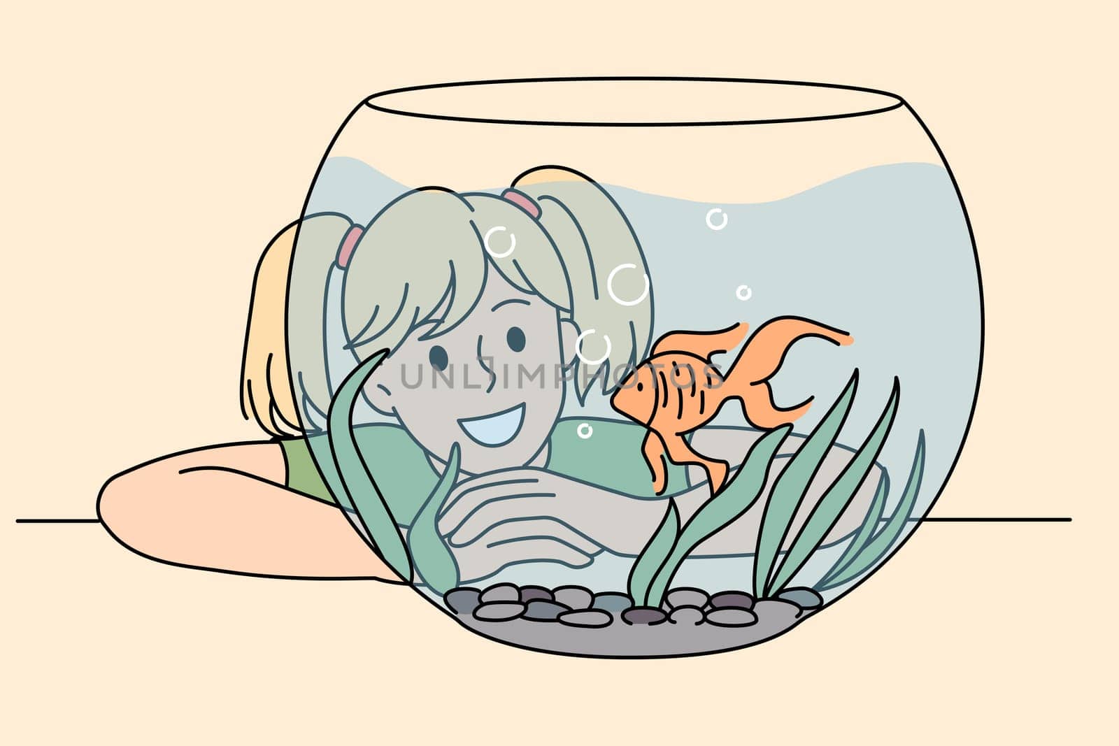 Happy smiling girl admiring golden cute fish in glass aquarium. Vector concept illustration of child happy moment with domestic pet.