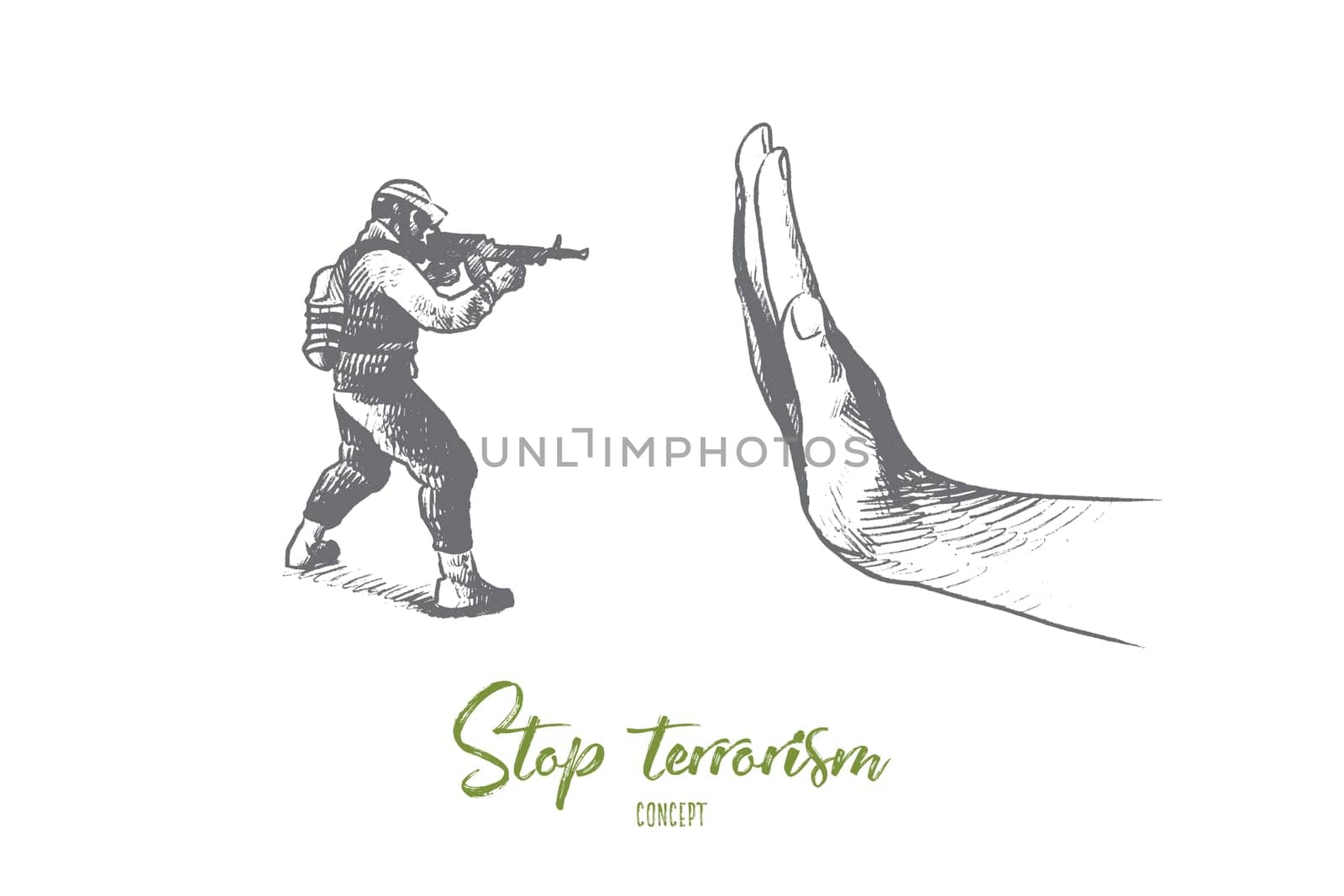 Stop terrorism concept. Hand drawn hand stopping gun violence. Military person with rifle isolated vector illustration.