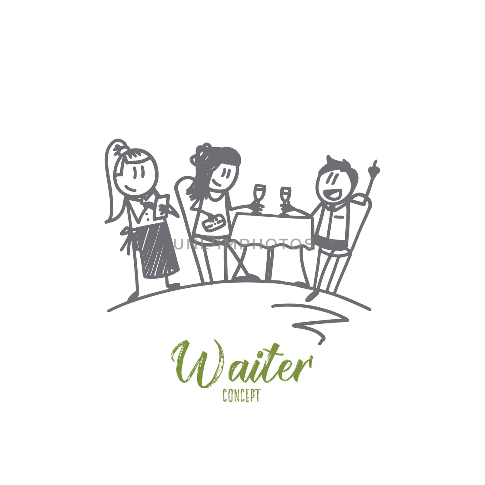 Waiter concept. Hand drawn smiling female waiter in apron writing order near clients. Waitress guests at a table in a cafe isolated vector illustration.