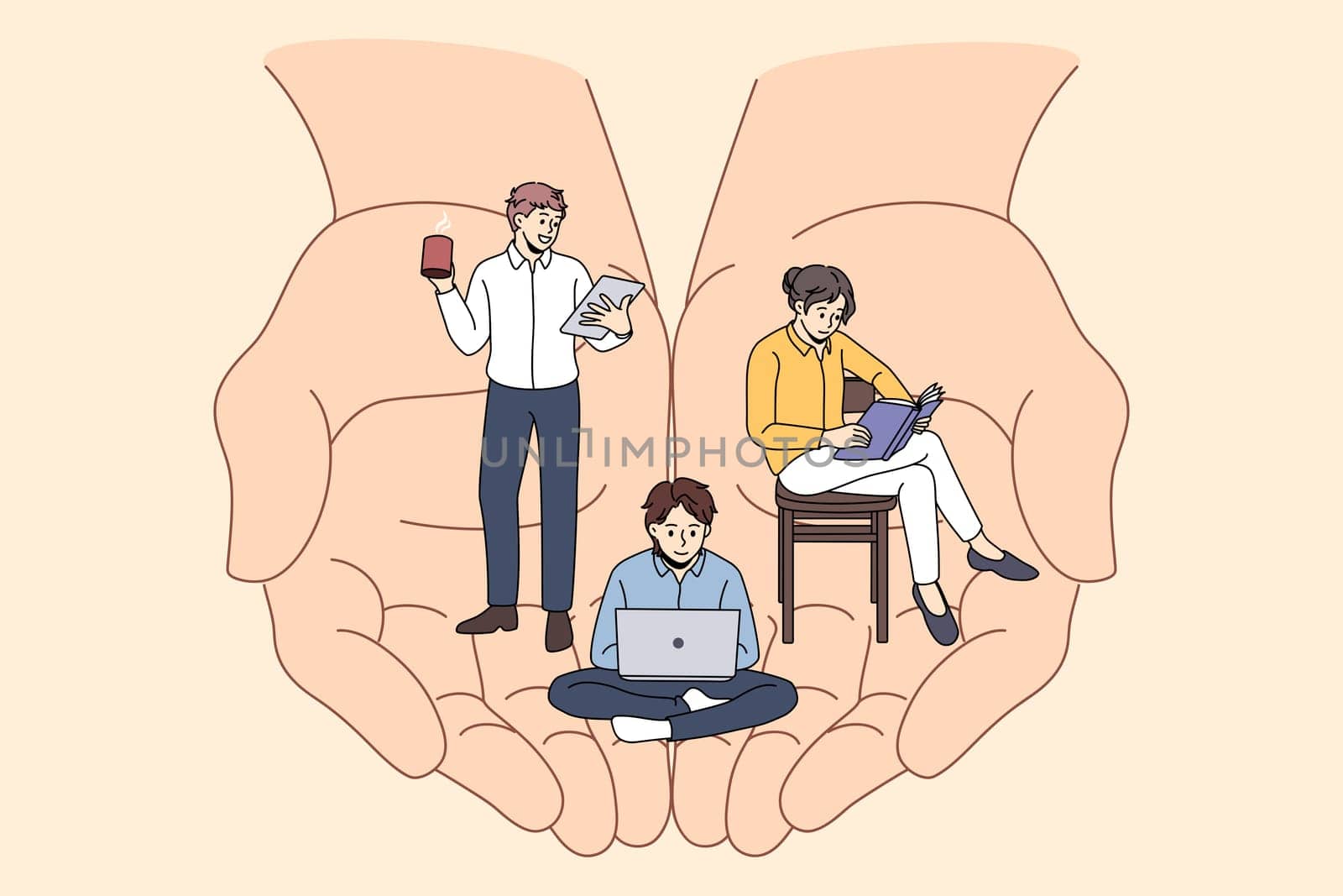 Company manager care about workers office team . Vector concept illustration of work balance and modern office. Worker job benefits