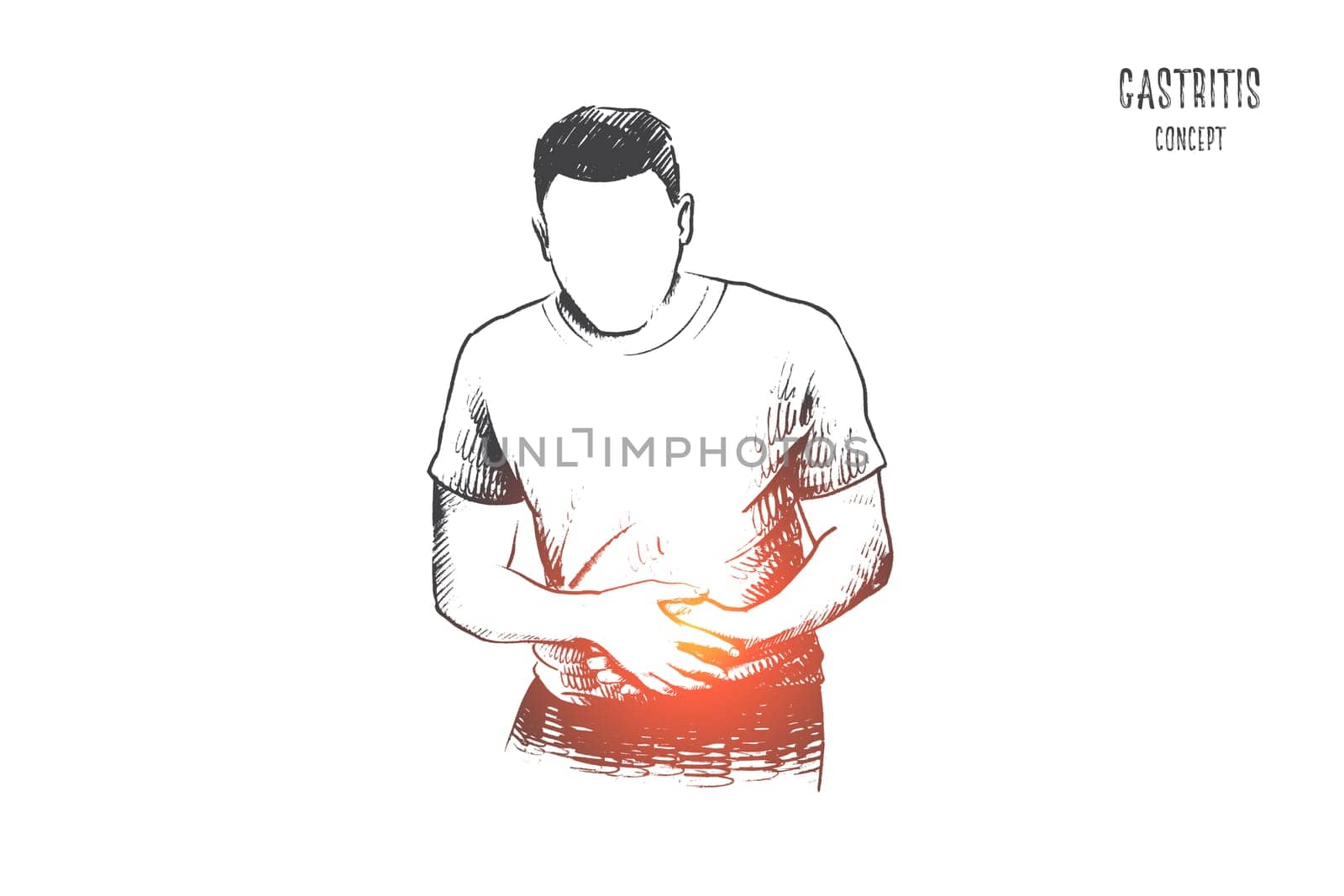 Gastritis concept. Hand drawn man suffering stomach ache. Concept of healthcare and medicine isolated vector illustration.