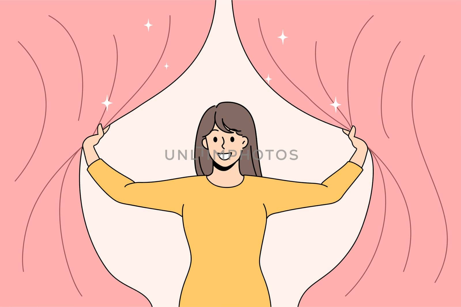 Happy smiling girl opens the curtains. Vector concept illustration of new light in life. Mental health and future solutions against anxiety.
