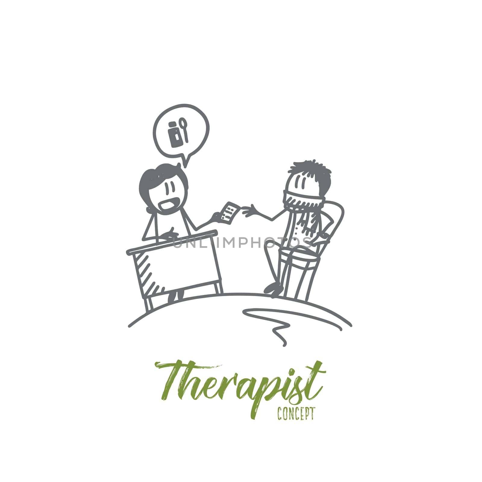 Therapist concept. Hand drawn doctor and patient in clinic. Doctor's appointment isolated vector illustration.
