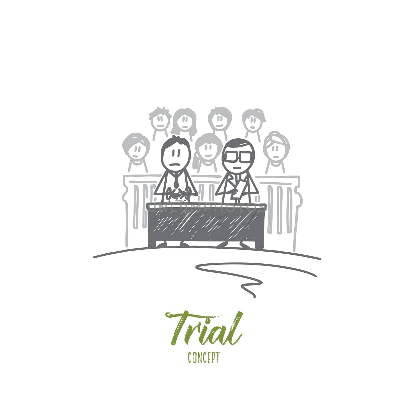 Trial concept. Hand drawn courtroom with people inside. Trial and judge isolated vector illustration.