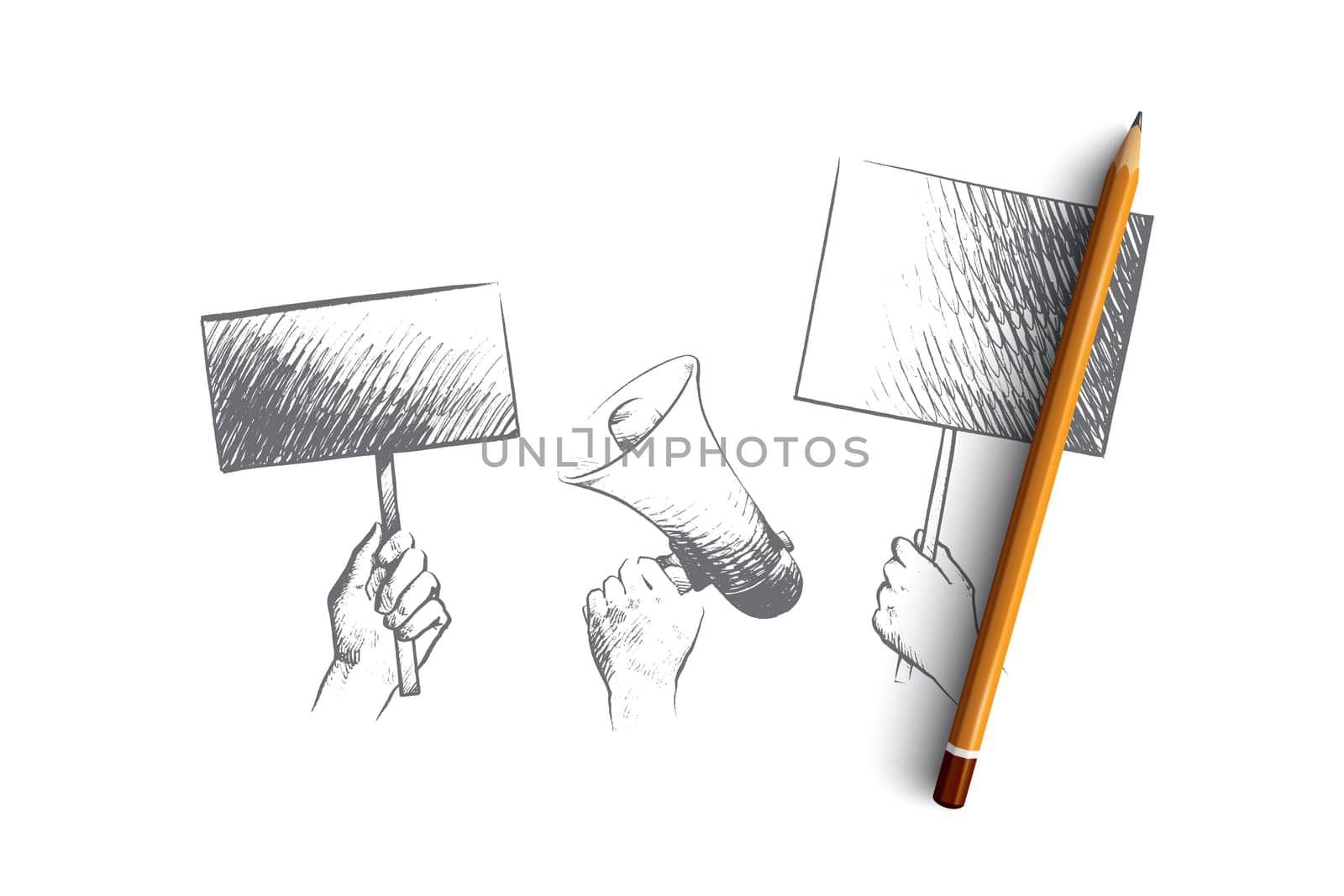 Strike concept. Hand drawn hands with megaphone and posters. Hands of people at street strike isolated vector illustration.
