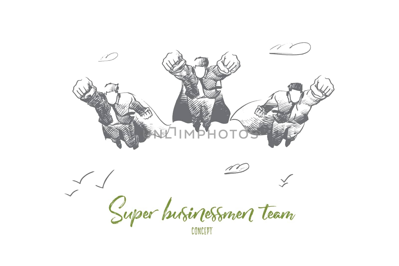 Super businessman team concept. Hand drawn business superheroes are ready to work. Super team concept isolated vector illustration.
