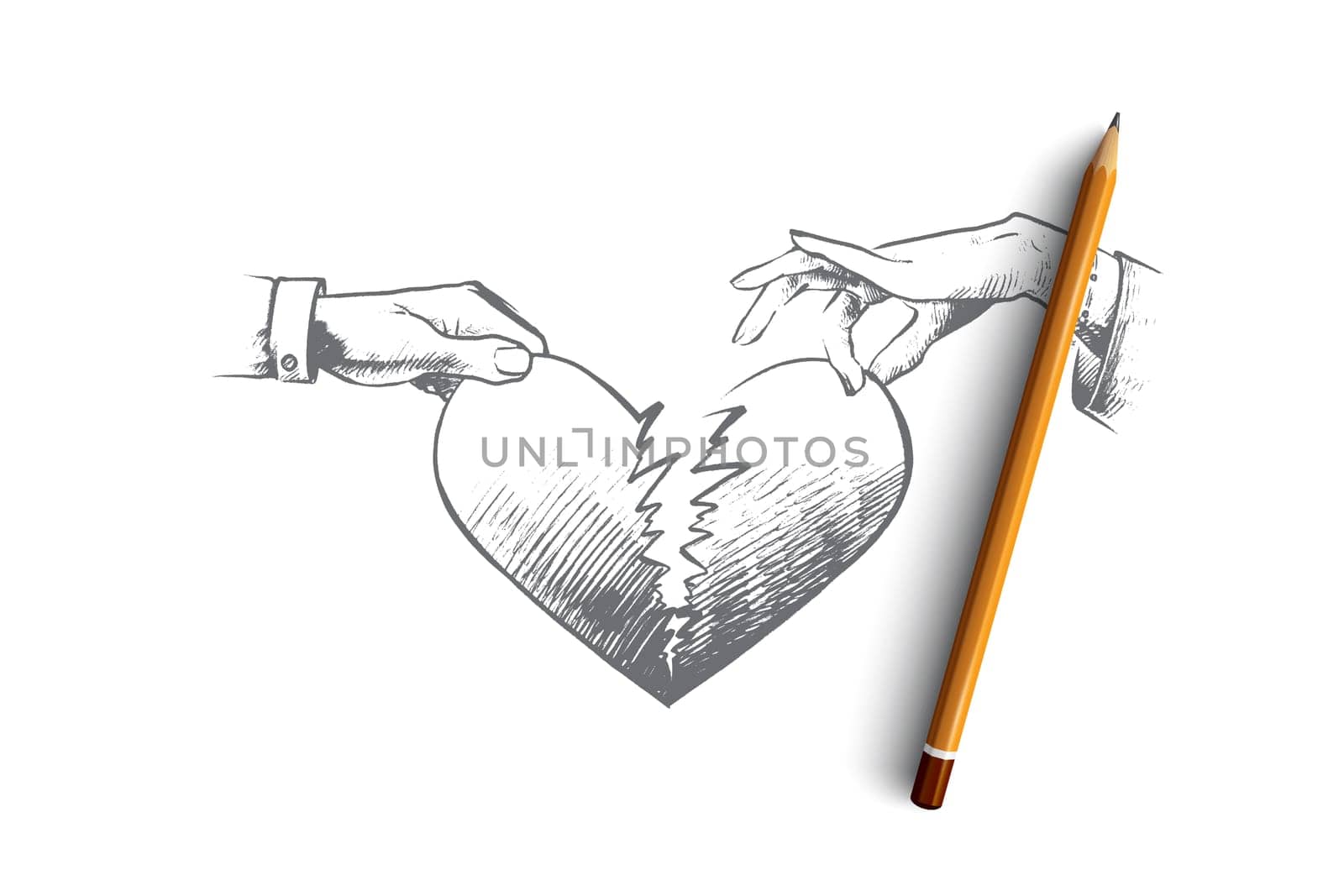 Broken heart concept. Hand drawn man and a woman holding two half of broken heart. Crisis relationship or divorce isolated vector illustration.