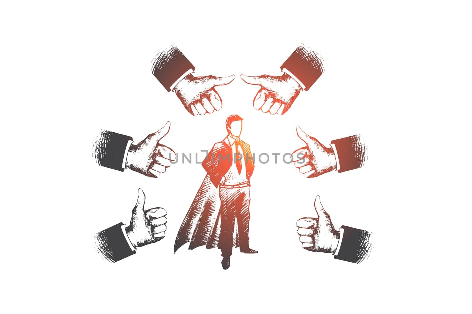 Successful businessman concept. Hand drawn businessman in superhero costume. Person surrounded by gesture thumbs up isolated vector illustration.