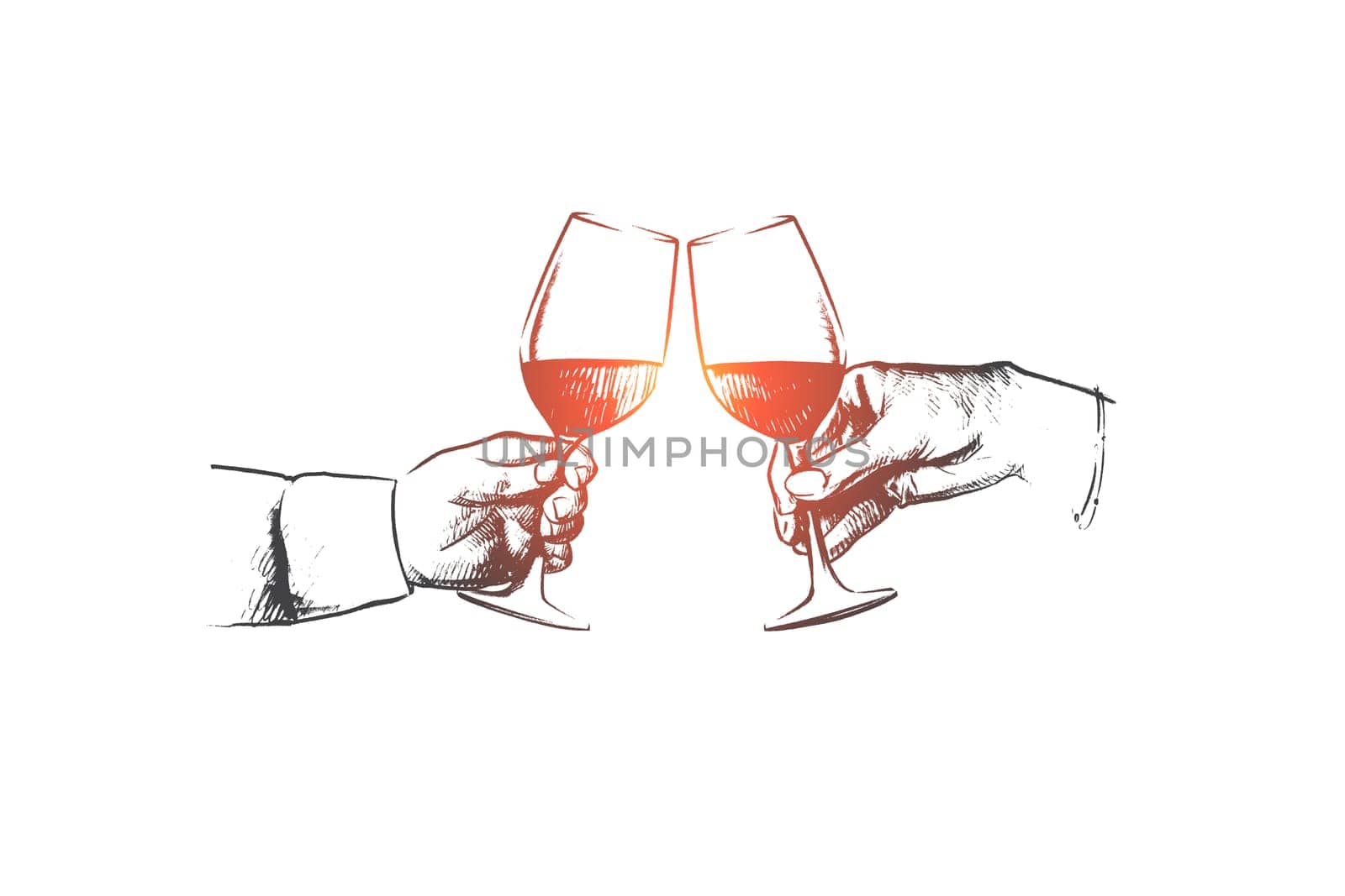 Party time concept. Hand drawn male hands with glass of wine. Hands of persons clink glasses with alcohol isolated vector illustration.