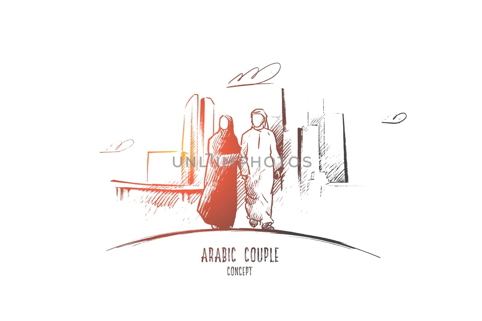 Arabic couple concept. Hand drawn arabic man and woman in modern city. Arabic couple in national dress holding hands isolated vector illustration.