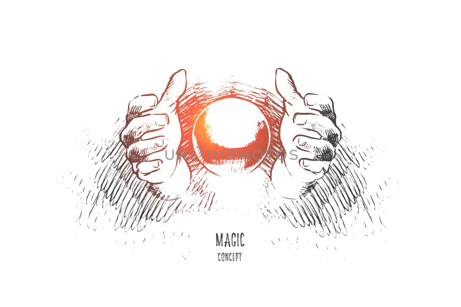 Magic concept. Hand drawn magic trick with hands and ball. Hands of illusionist doing miracle isolated vector illustration.