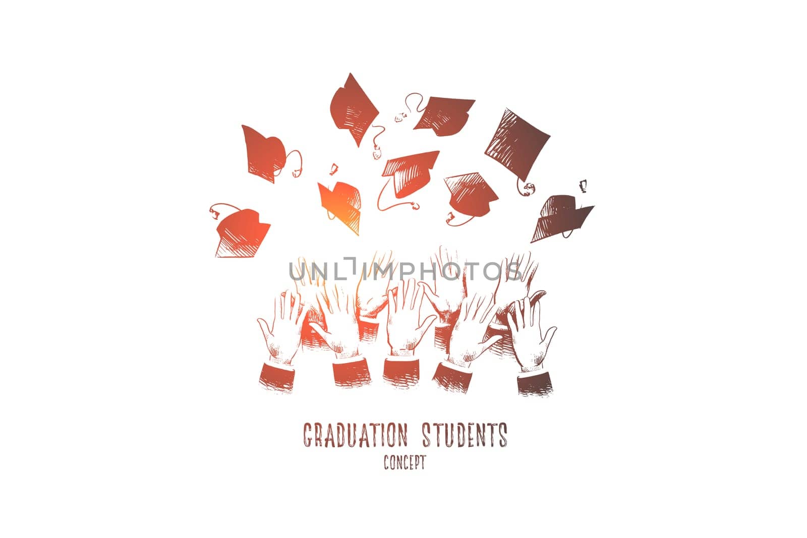 Graduation students concept. Hand drawn hands of students throwing graduation hats in air. Graduation and education concept isolated vector illustration.