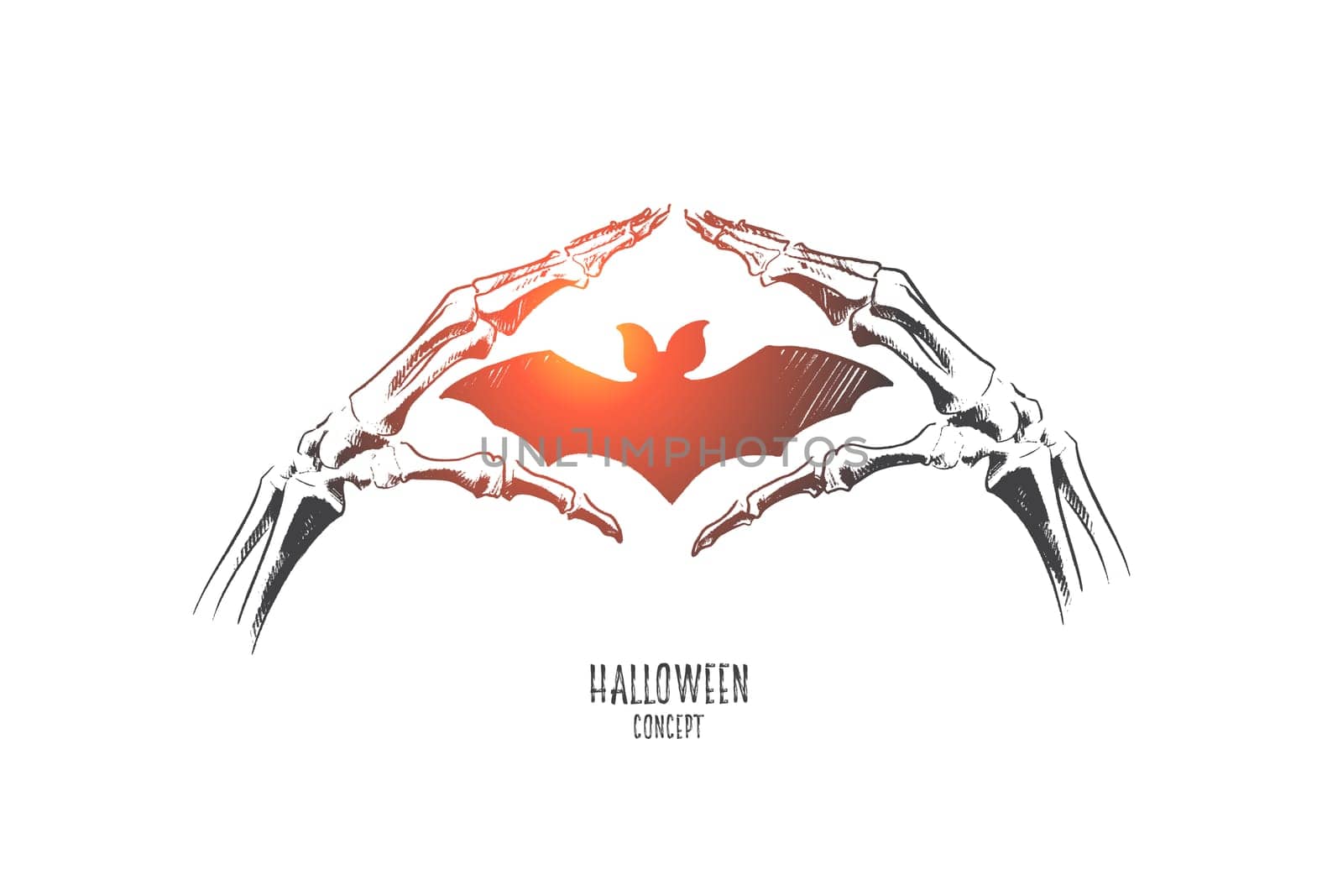 Halloween concept. Hand drawn bat in arms of skeleton. Happy Halloween poster isolated vector illustration.