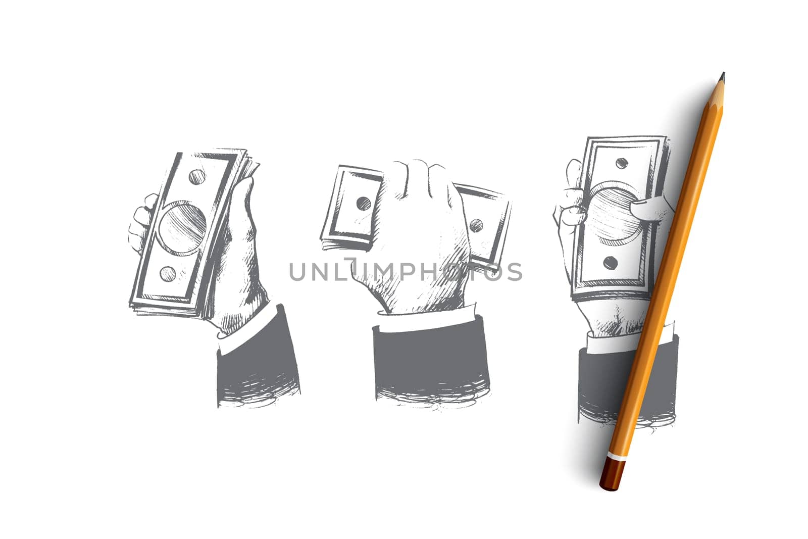 Cash concept. Hand drawn hands of persons full of money. A lot of dollars in hands isolated vector illustration.