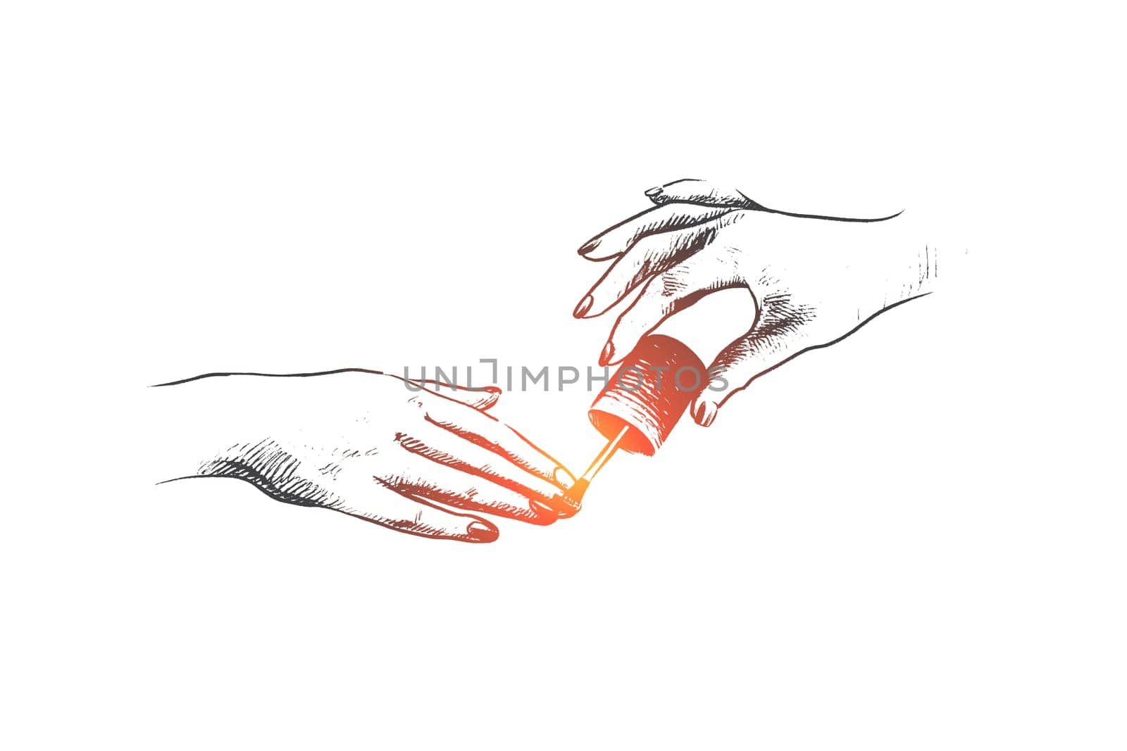 Nail studio concept. Hand drawn elegant woman hand doing manicure. Applying nail polish process isolated vector illustration.