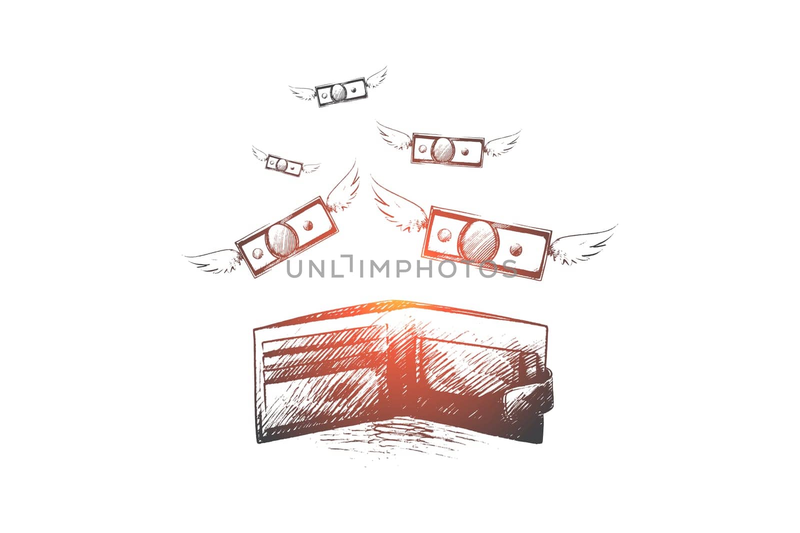 Spend money concept. Hand drawn money fly out of the bag. Wallet with money fly away isolated vector illustration.