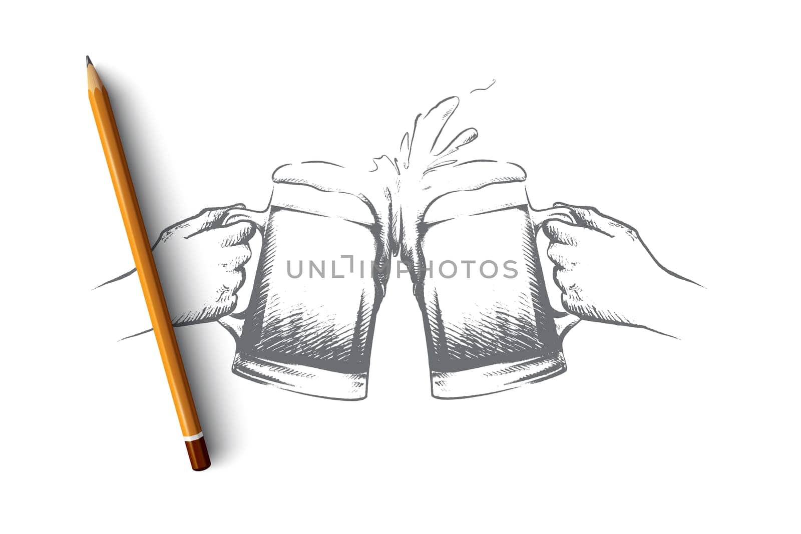 October fest concept. Hand drawn male hands with mugs of beer. Fresh beer with foam isolated vector illustration.