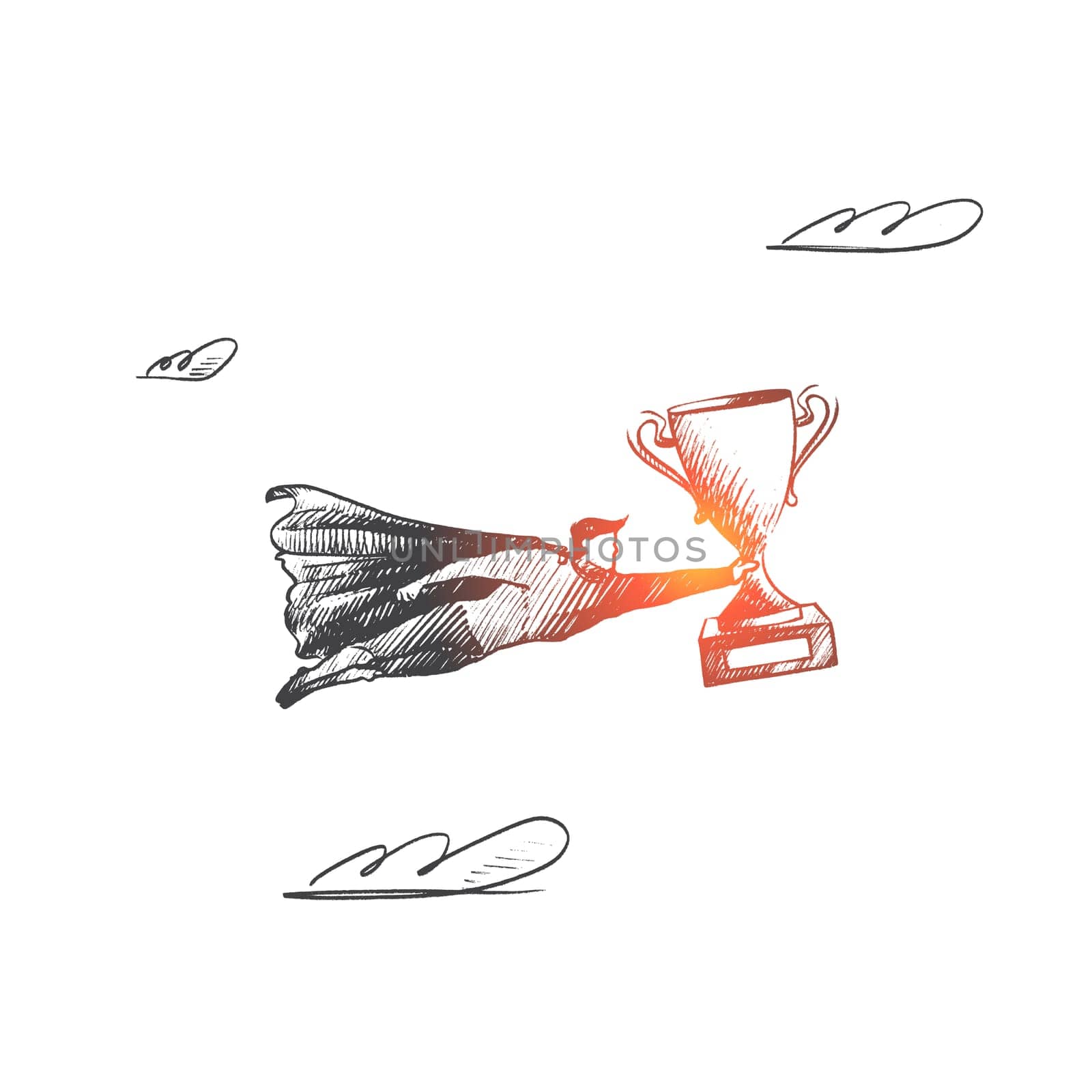 Award trophy concept. Hand drawn superhero with cup for winner. Flying hero brings trophy for winner of competition isolated vector illustration.
