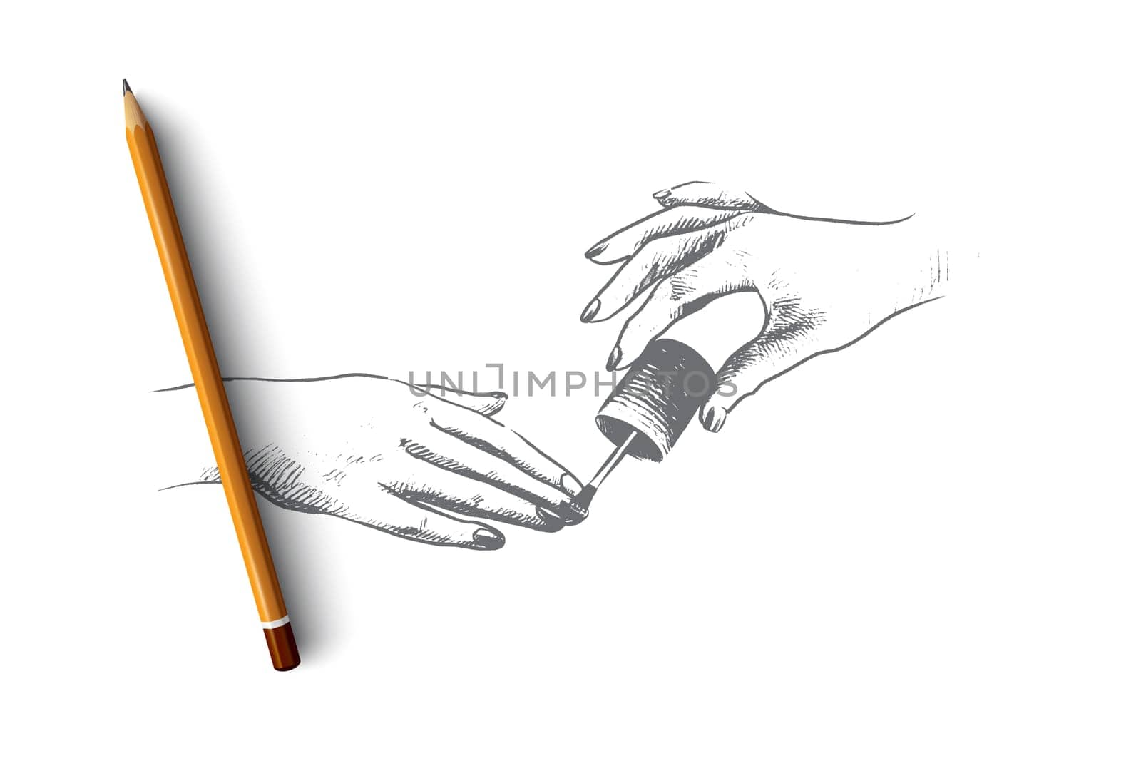 Nail studio concept. Hand drawn elegant woman hand doing manicure. Applying nail polish process isolated vector illustration.