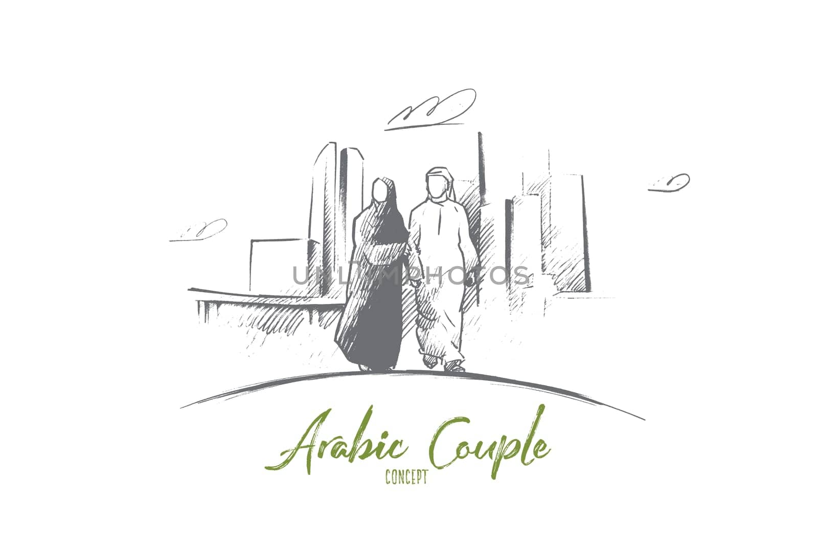 Arabic couple concept. Hand drawn arabic man and woman in modern city. Arabic couple in national dress holding hands isolated vector illustration.