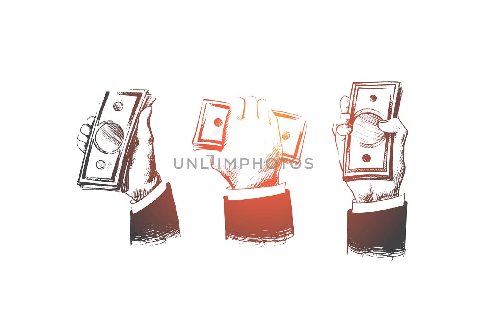 Cash concept. Hand drawn hands of persons full of money. A lot of dollars in hands isolated vector illustration.