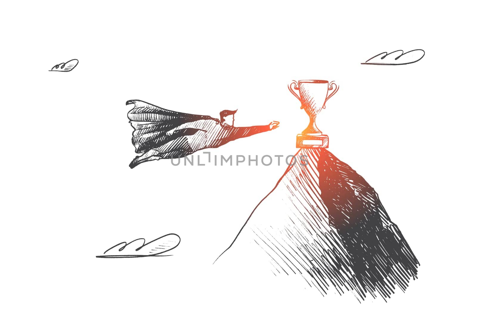 Target concept. Hand drawn superhero flying to top of high mountain. Flying hero going to achieve goal isolated vector illustration.