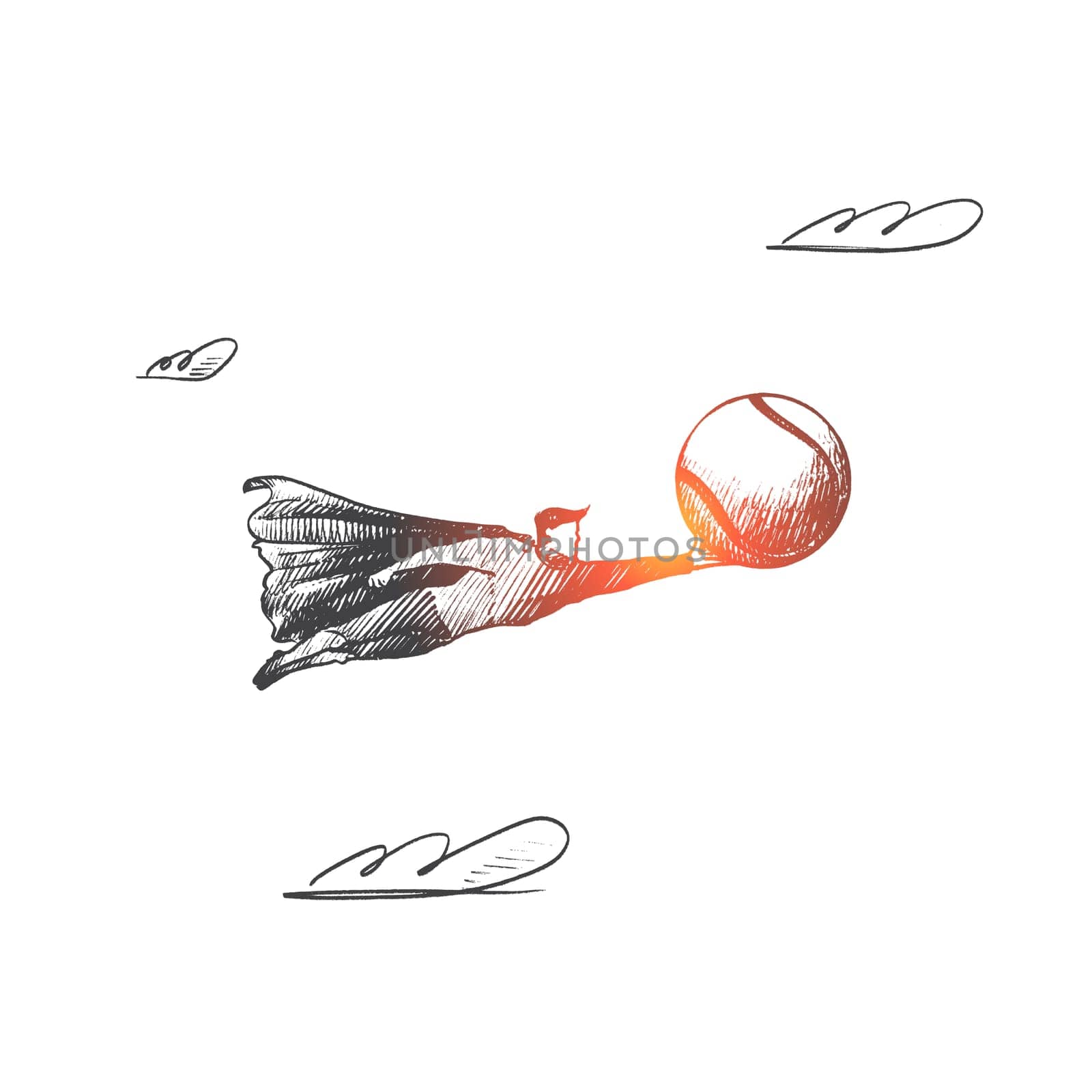 Tennis concept. Hand drawn superhero with tennis ball in his hand. Flying hero starting sportive play isolated vector illustration.