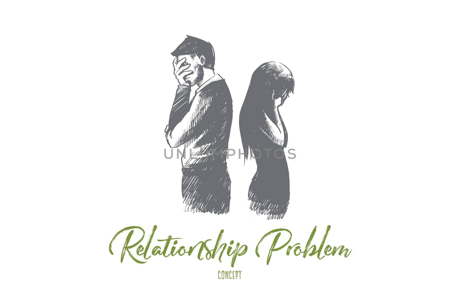 Relationship problem concept. Hand drawn man and woman standing back to back. Unhappy couple in conflict isolated vector illustration.