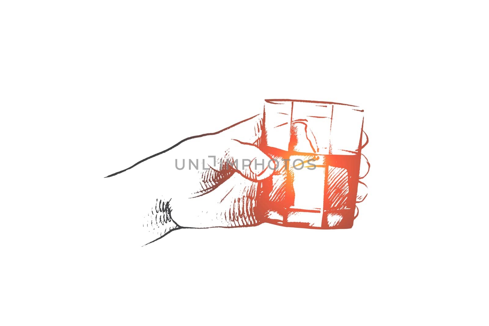 Time to drink concept. Hand drawn persons hand with glass of whiskey. Male hand with shot of rum, whiskey or cognac isolated vector illustration.