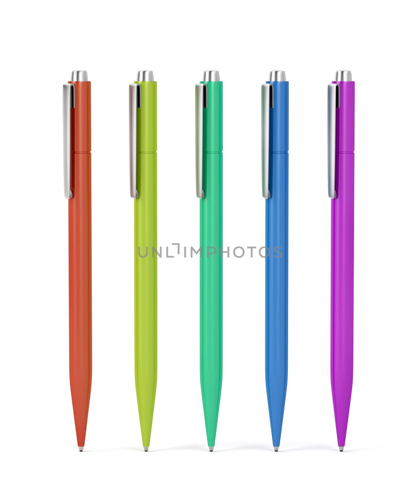Five pens with different colors on white background