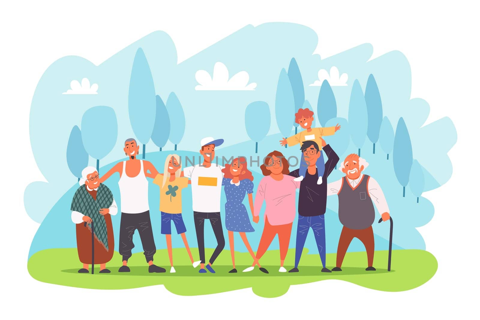 Big family portrait, parents with children, grandparents and grandchildren hugging each other concept. Few generations posing for photo together outdoors cartoon. Simple flat vector
