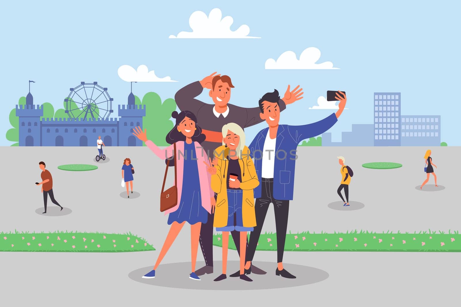 Company of friends, man and woman smiling for photo, tourists with camera concept. Group of young people doing selfie, urban landscape and strangers on background. Simple flat vector