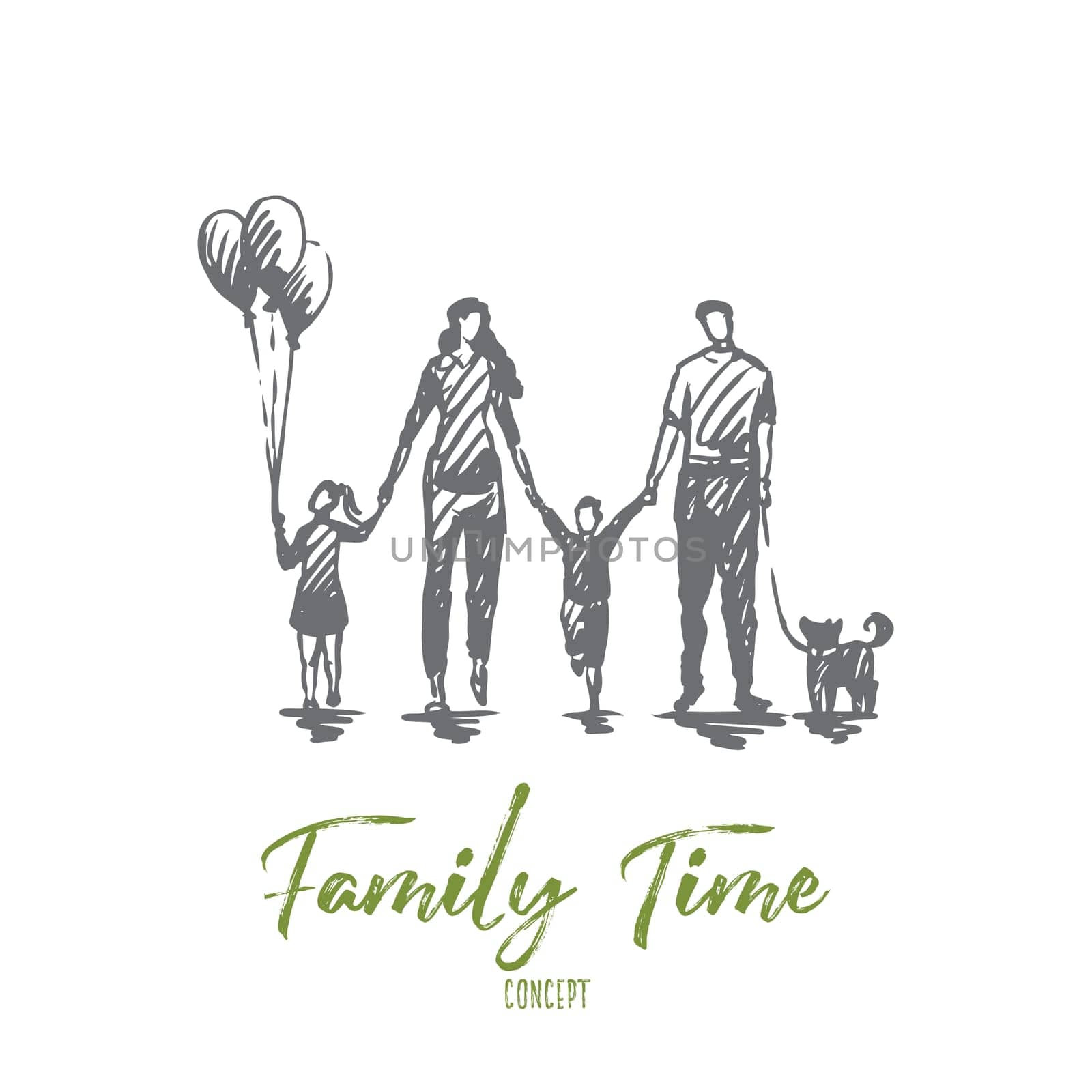 Family time, mother, kids, happy, father concept. Hand drawn happy family walking outside concept sketch. Isolated vector illustration.