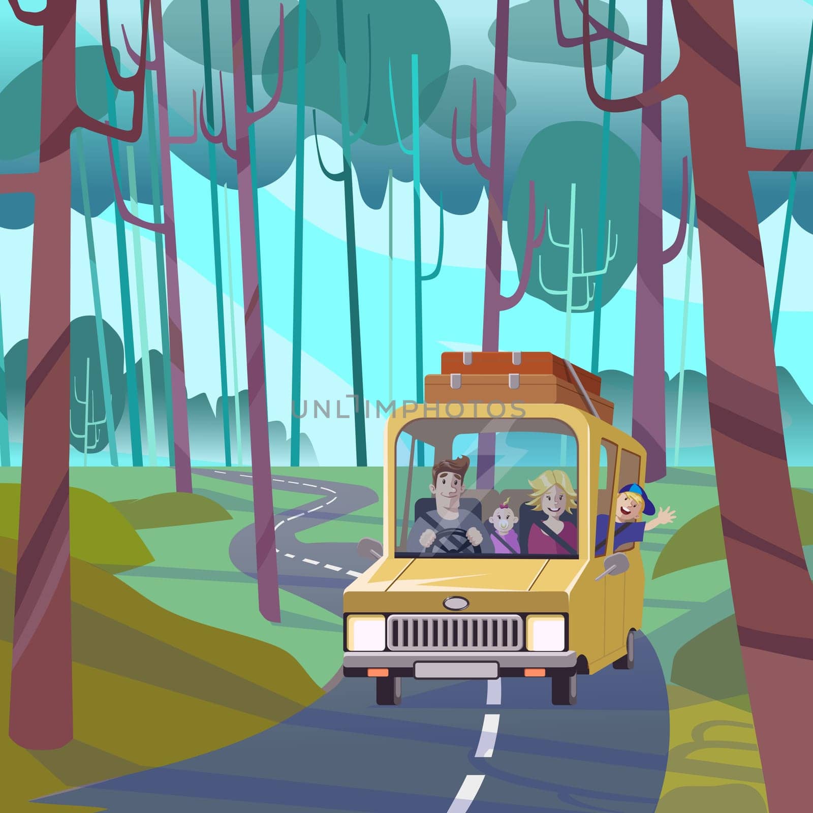 Big family holiday vacation, road trip concept. Yellow van with people inside and luggage on the roof, car moving on road, tourism, outdoor recreation and leisure. Simple flat vector