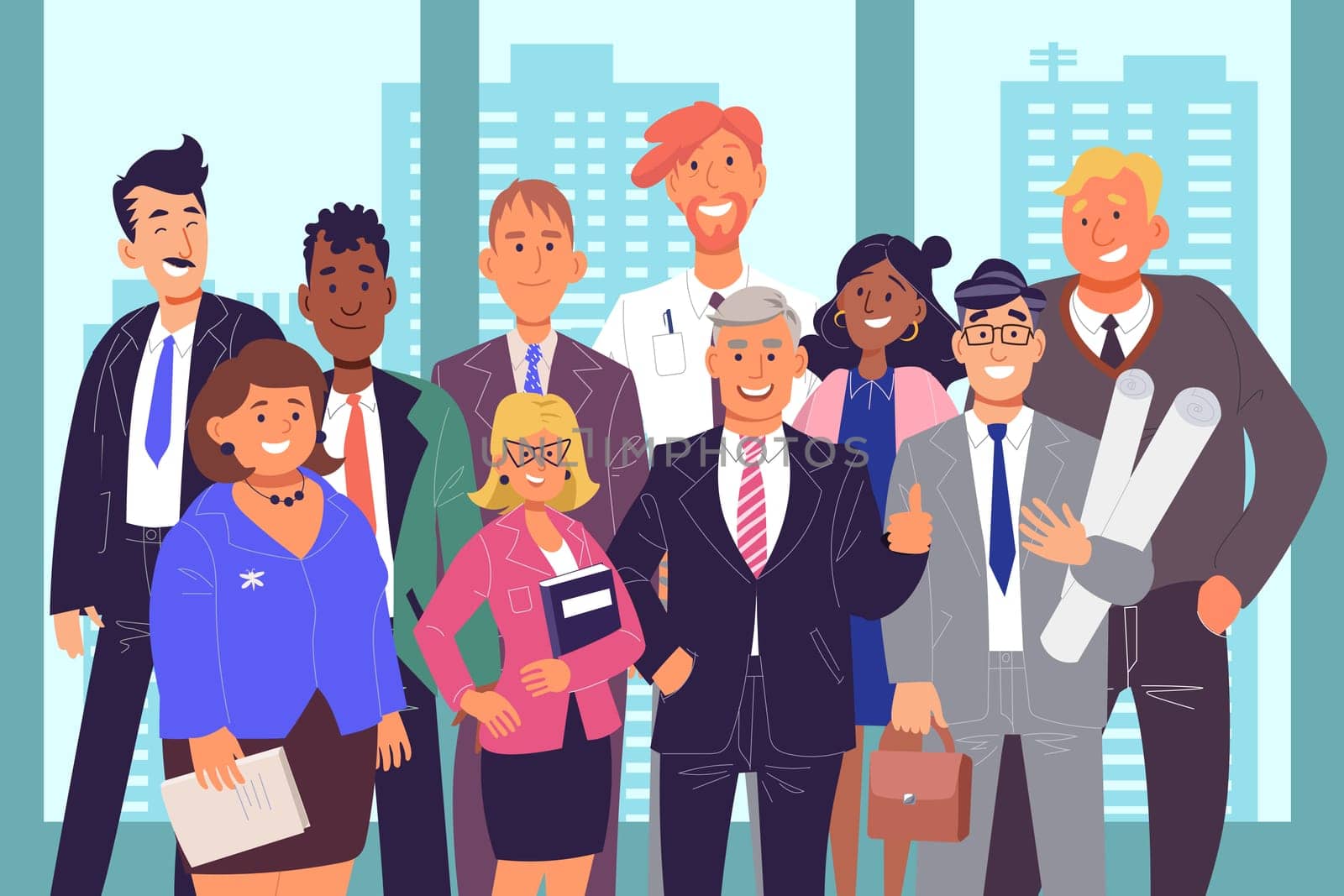 Group of coworkers, teamwork concept. Office workers posing for photo together, businesspeople in suits standing in front of window with urban cityscape scenery. Simple flat vector