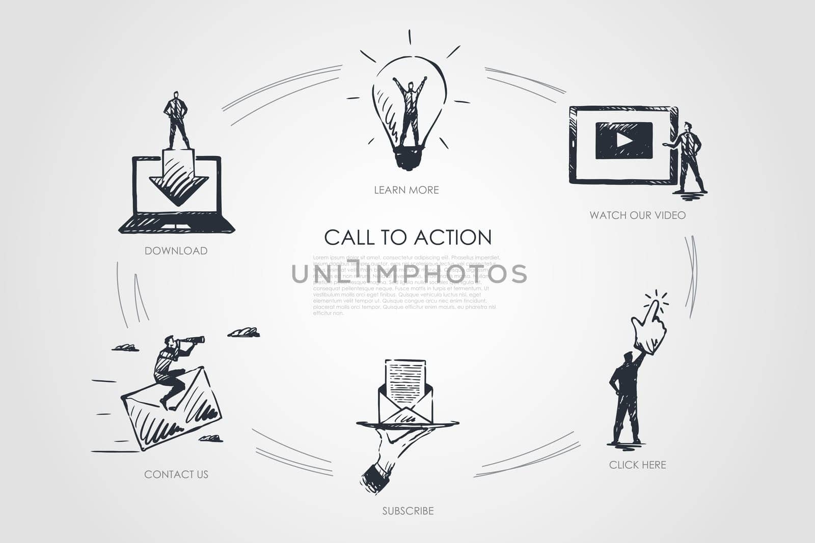 Call to action, learn more, watch our video, click here, subscribe, contact us vector set