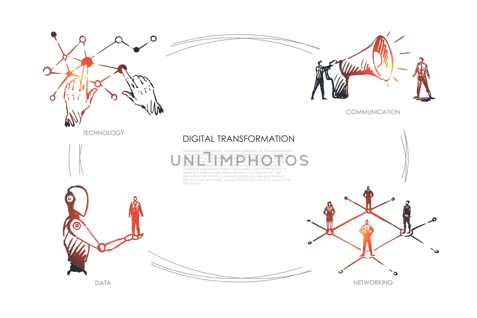 Digital transformation, technology, communication, networking, data vector set