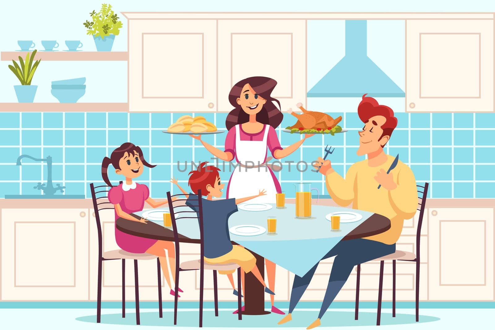 Family with children sitting at dining table, people having dinner together concept. Mother in apron serving delicious meal to her lovely daughter son and husband. Simple flat vector