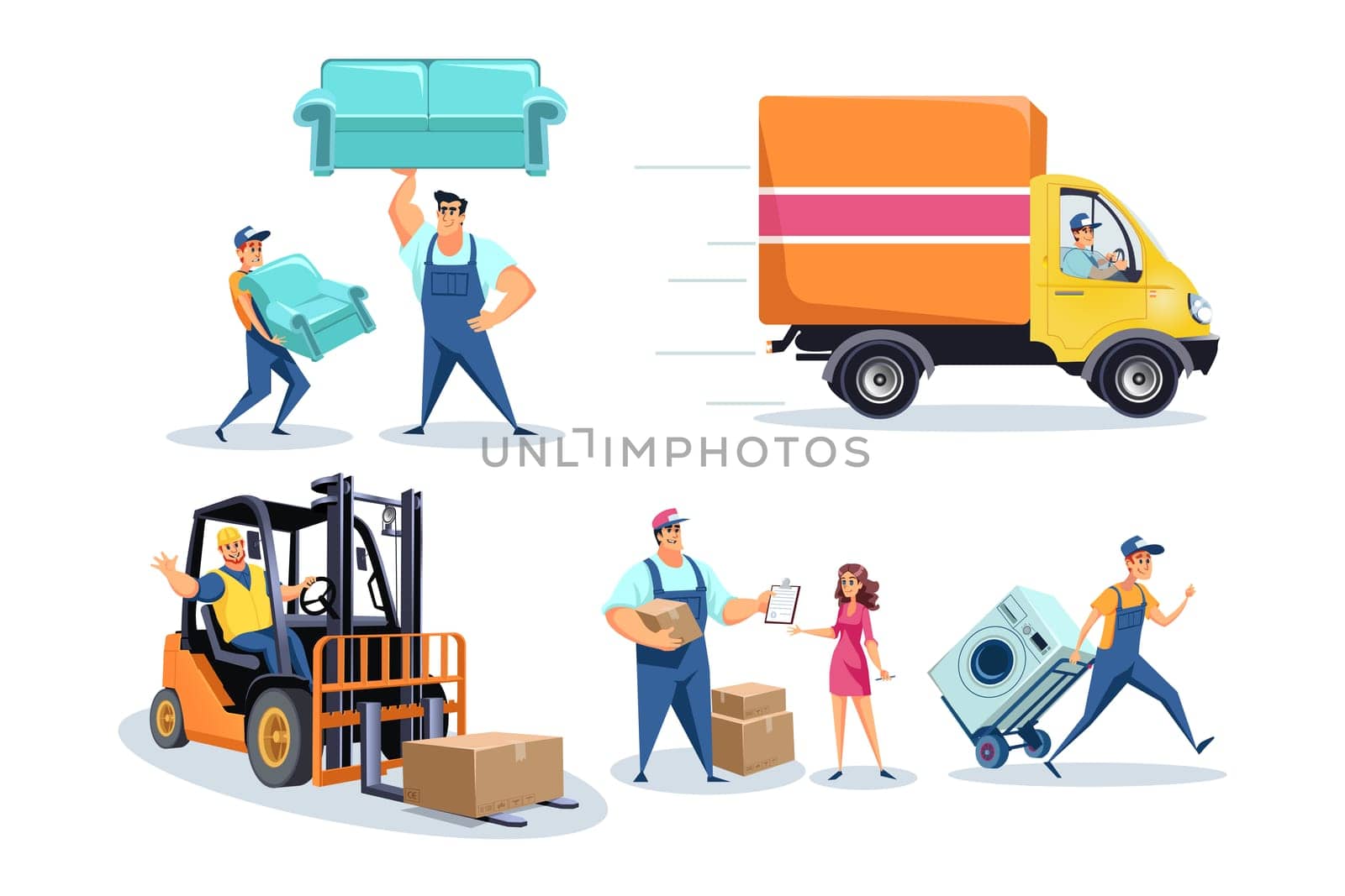 Moving house, furniture delivery workers, people relocating stuff concept. Moving truck with movers in uniform carrying sofa, washing machine and cardboard boxes. Simple flat vector