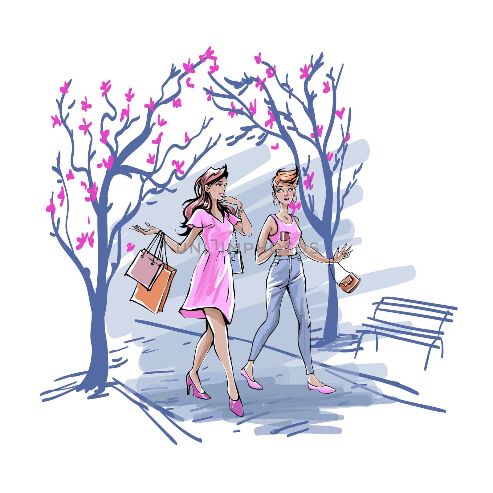 Girlfriends spending time together outdoors, talking and drinking coffee concept. Young girls in pink clothing walking in city park with shopping bags and chatting. Simple flat vector