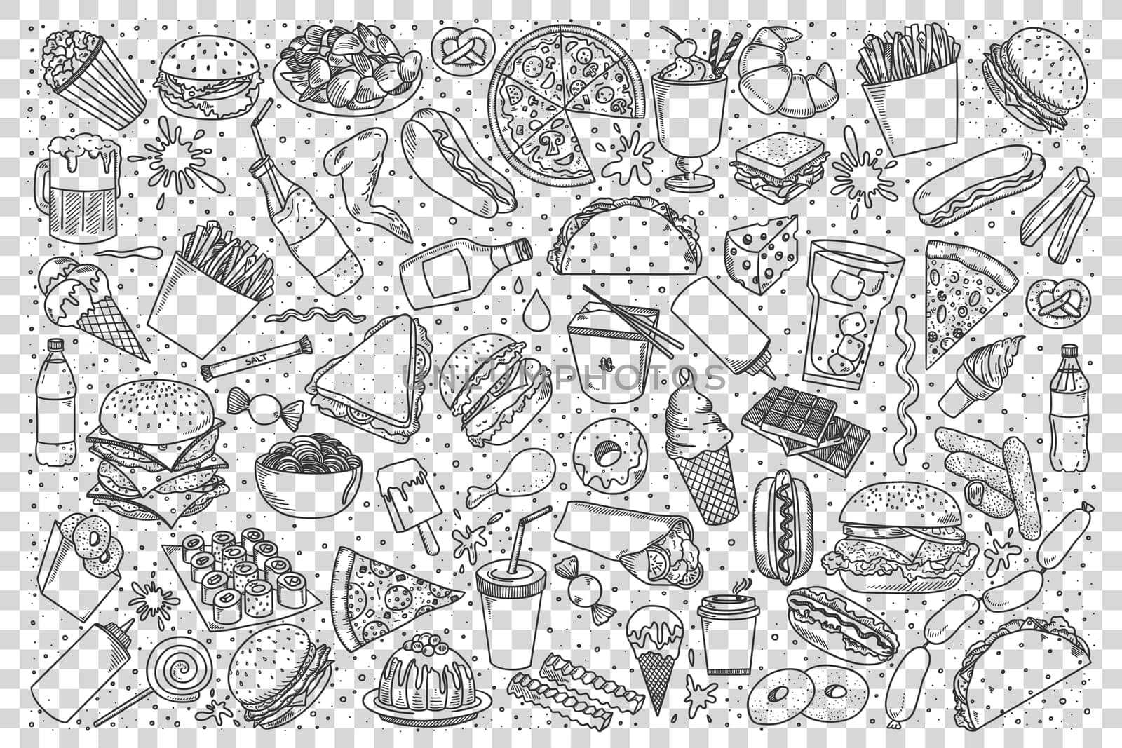 Fast food doodle set. Collection of pencil hand drawn sketches of pop corn sandwitch hot dog french fries hamburger and pizza on transparent background. Unhealthy nutrition illustration.